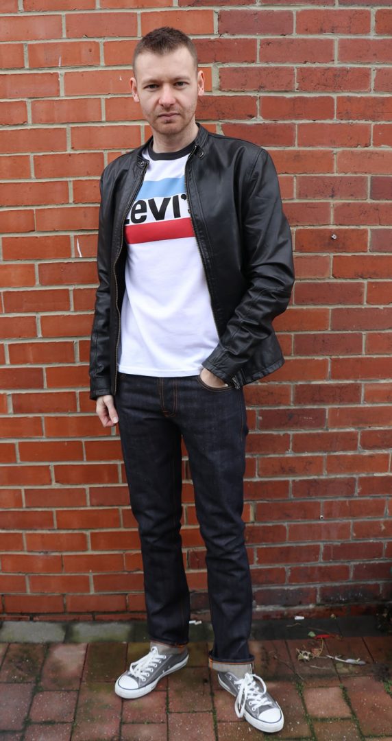 Today's Outfit - Levi's T Shirt, Nudie Jeans, Converse Trainers, Selected Homme Leather Jacket