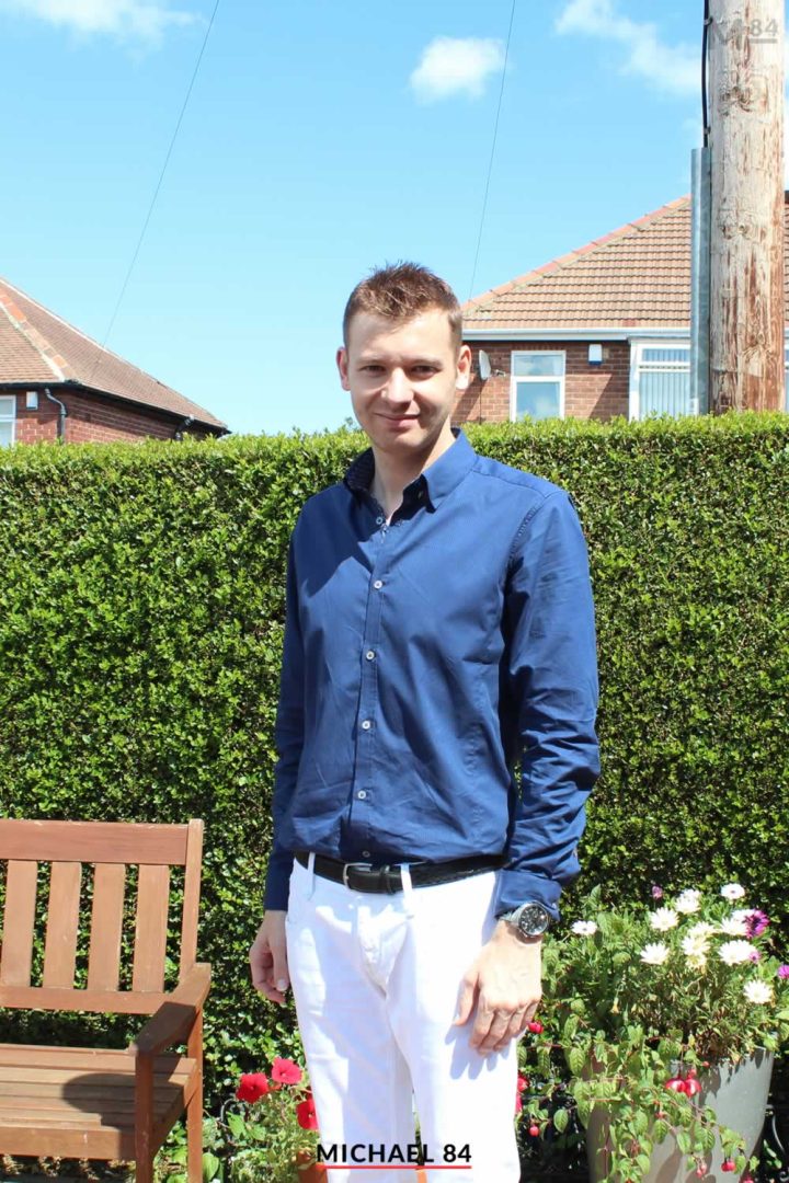 Navy Blue T Shirt and White Jeans
