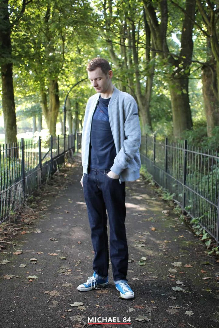Grey Bomber Jacket, Navy T Shirt And Chinos