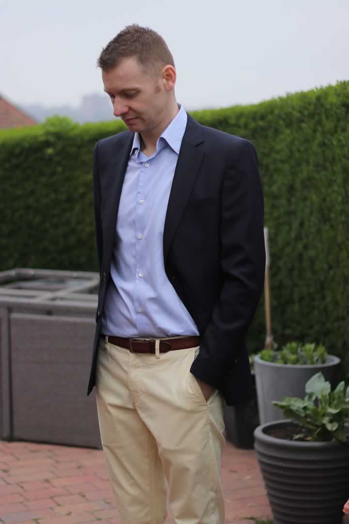 Smart casual chinos - Wearing beige chinos with a light blue shirt and navy blazer jacket