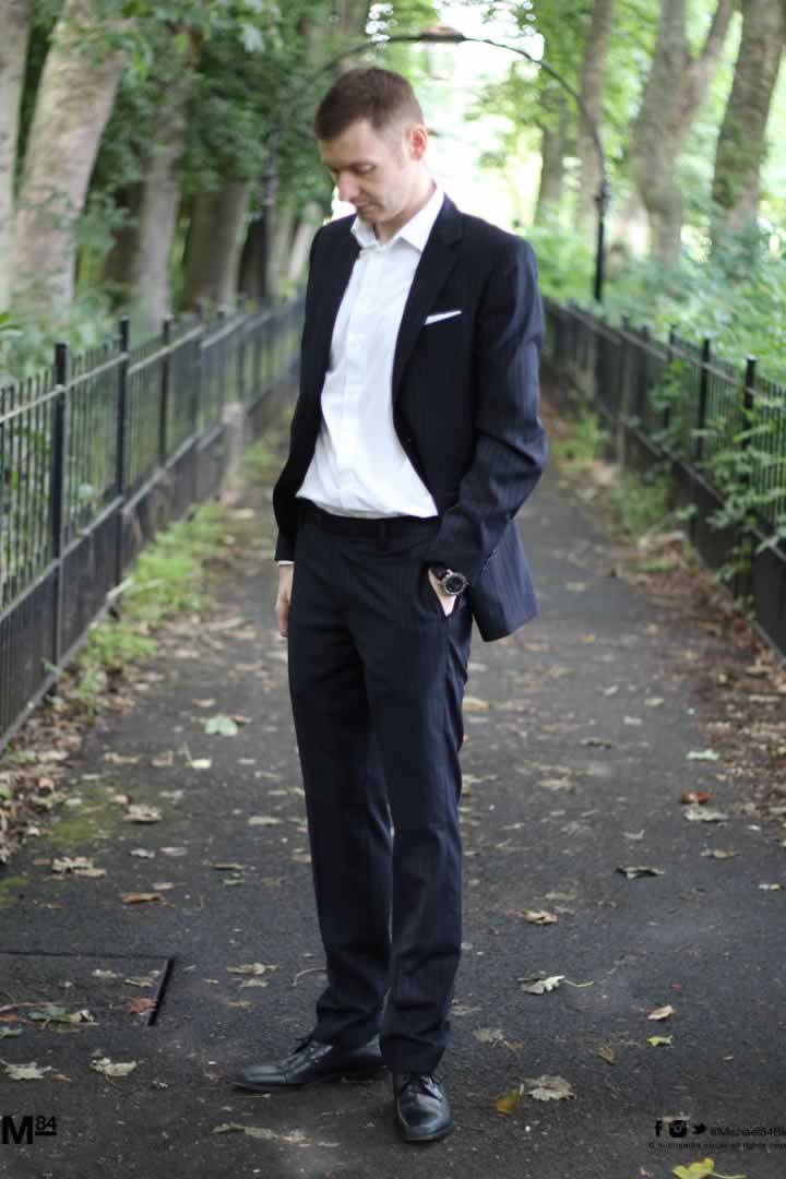 Tailored Trousers - Wearing tailored trousers as part of a suit with a white shirt and black derby shoes