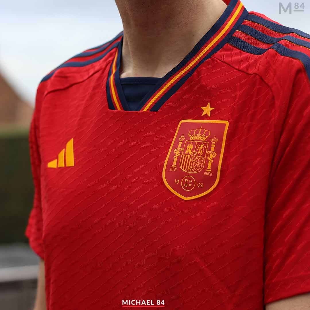 Wearing Spain Home Shirt 2022 By Adidas Close Up Michael 84