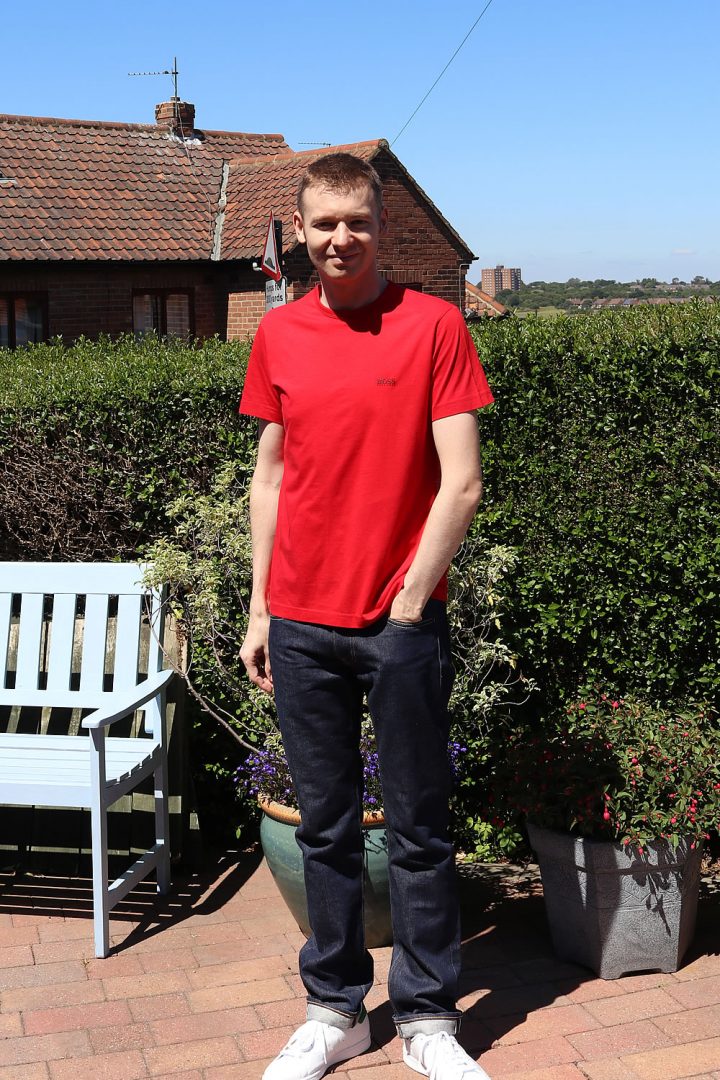Red T-Shirt Outfit: Indigo Jeans and Adidas Stan Smith Trainers